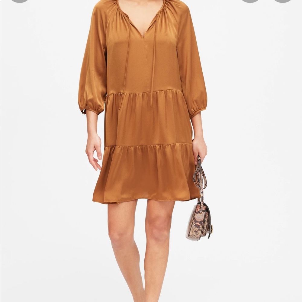 Banana republic satin tiered swing dress in caramel